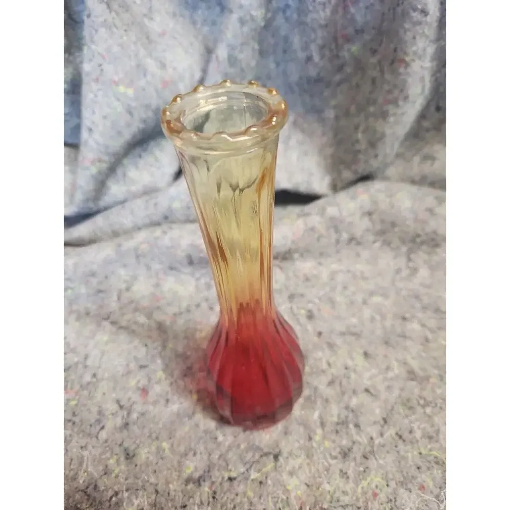 Jeannette Amberina Red Yellow Ribbed Depression Glass Bud Vase vintage